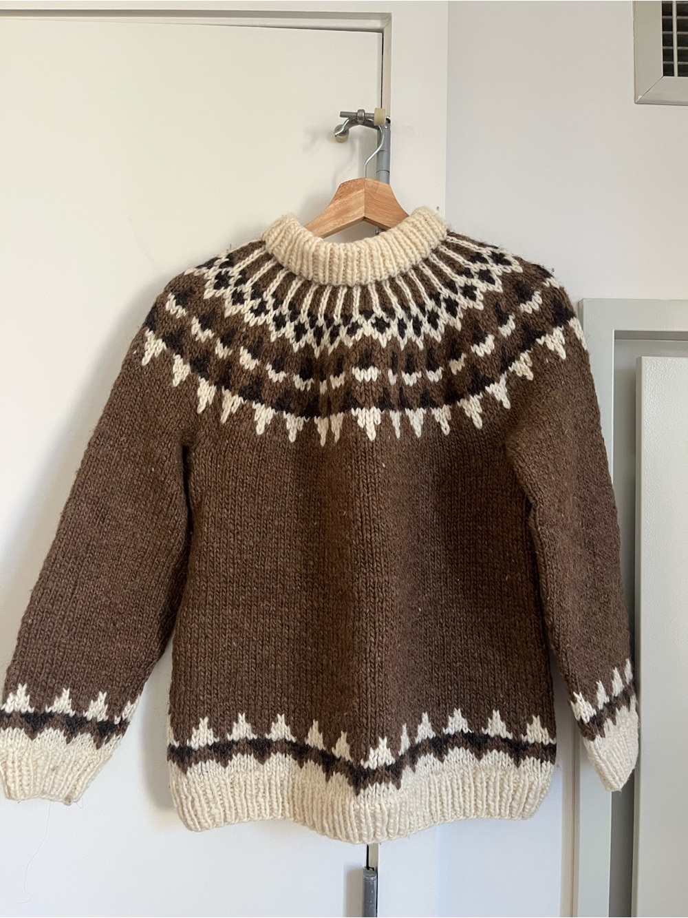 Handknit Brown Nordic Yoke Wool Sweater with Cream & Dark Brown Pattern